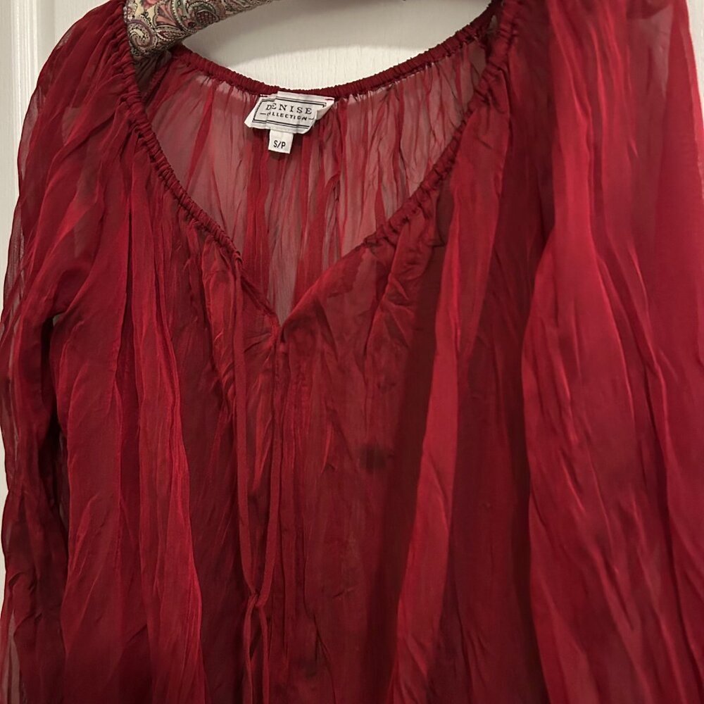 Sheer Balloon Crinkle Blouse in Deep Ruby Red – Denise Collection, Size Small